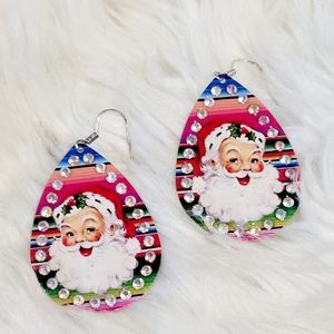 Santa Claus Serape Metal Tin Teardrop Earrings- Christmas Jewelry